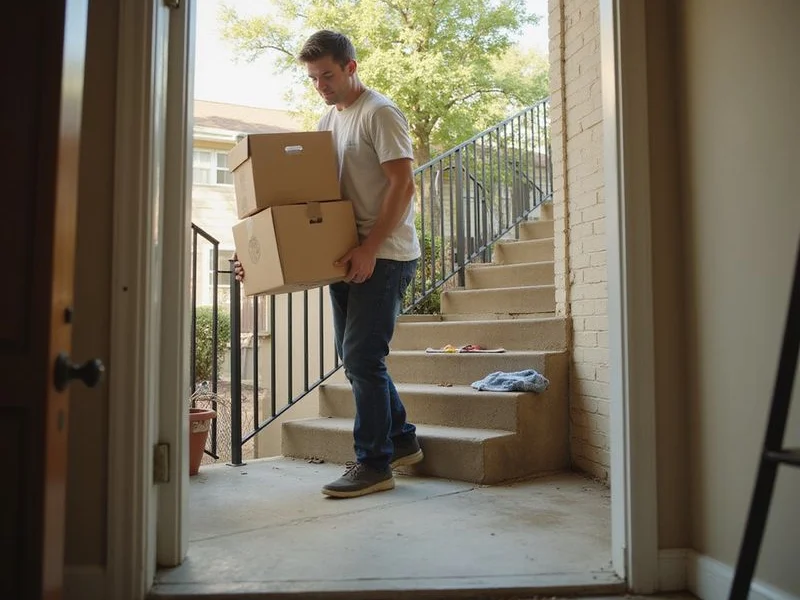 Renter carrying boxes on move-in day at Houston apartment community