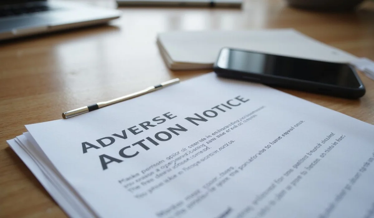 Adverse action notice document on a desk with a phone