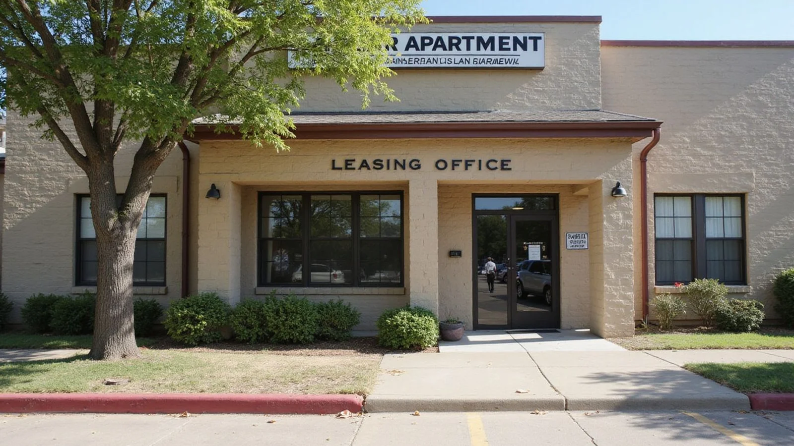 Apartment leasing office exterior on a bright Texas day, candid