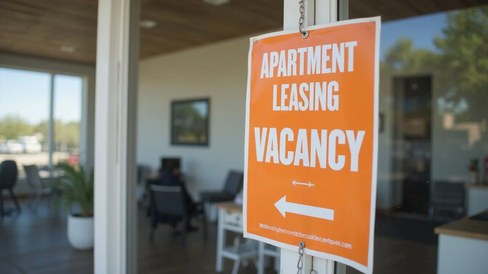 Apartment leasing office with a vacancy sign, bright Texas day