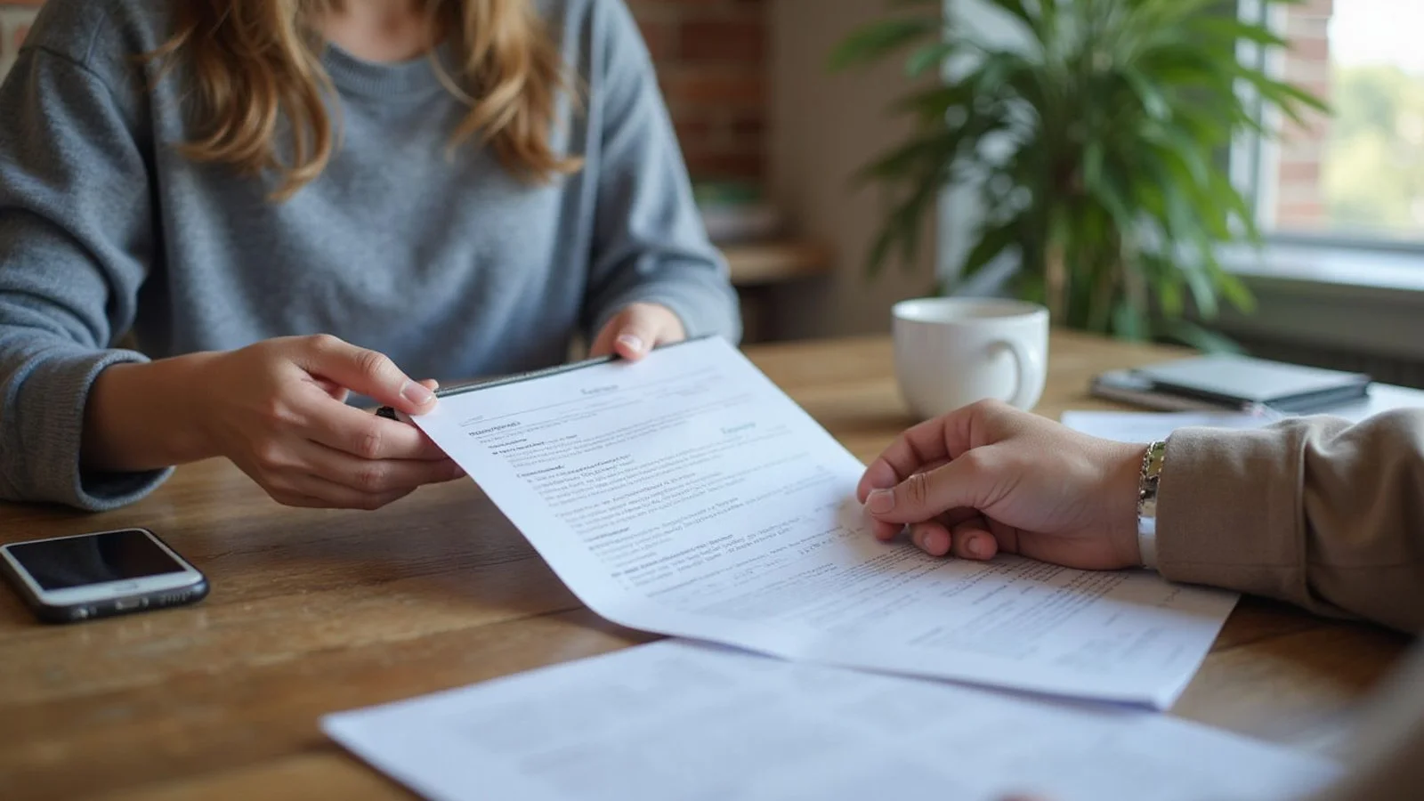 Applicant handing documents to a leasing agent, candid light