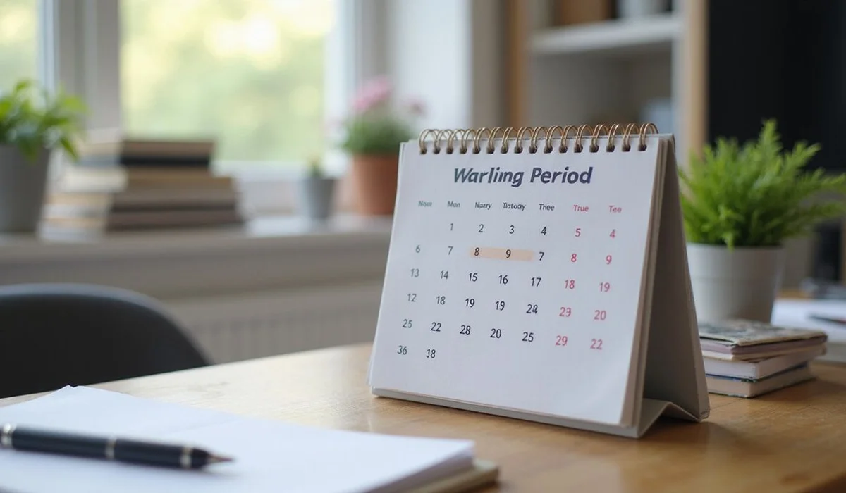 Calendar showing a waiting period marked, everyday desk