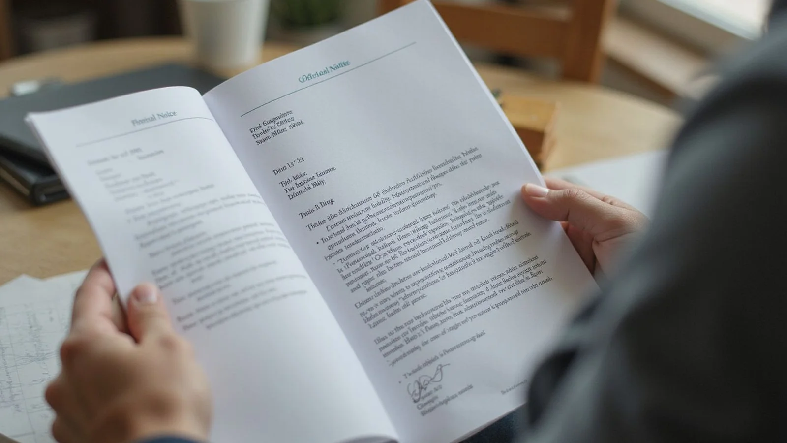 Close-up of an official notice letter held in hand, candid light