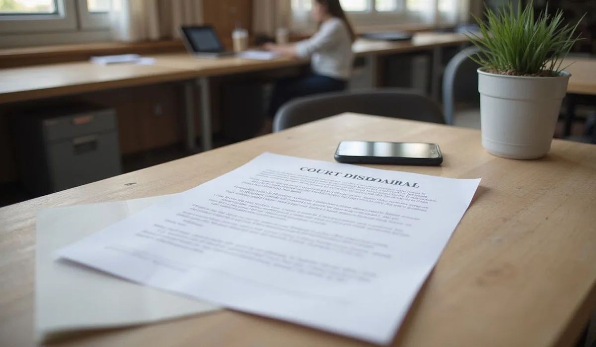 Court dismissal document on a table, everyday setting