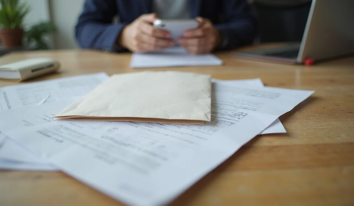Envelope and supporting documents ready to mail, everyday setting
