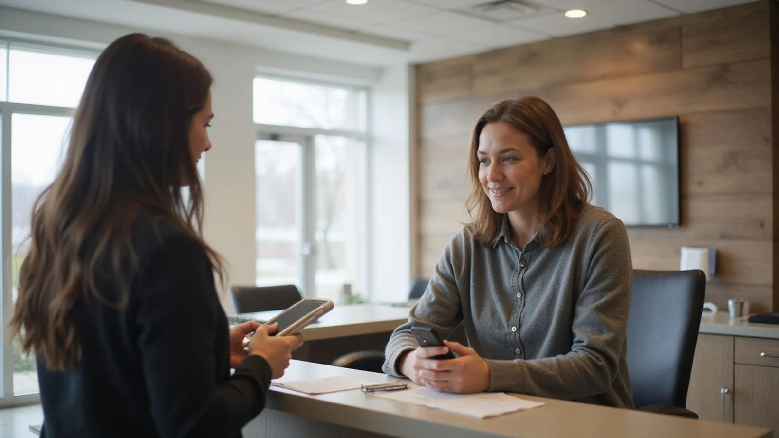 Frank conversation at a leasing desk, candid natural light