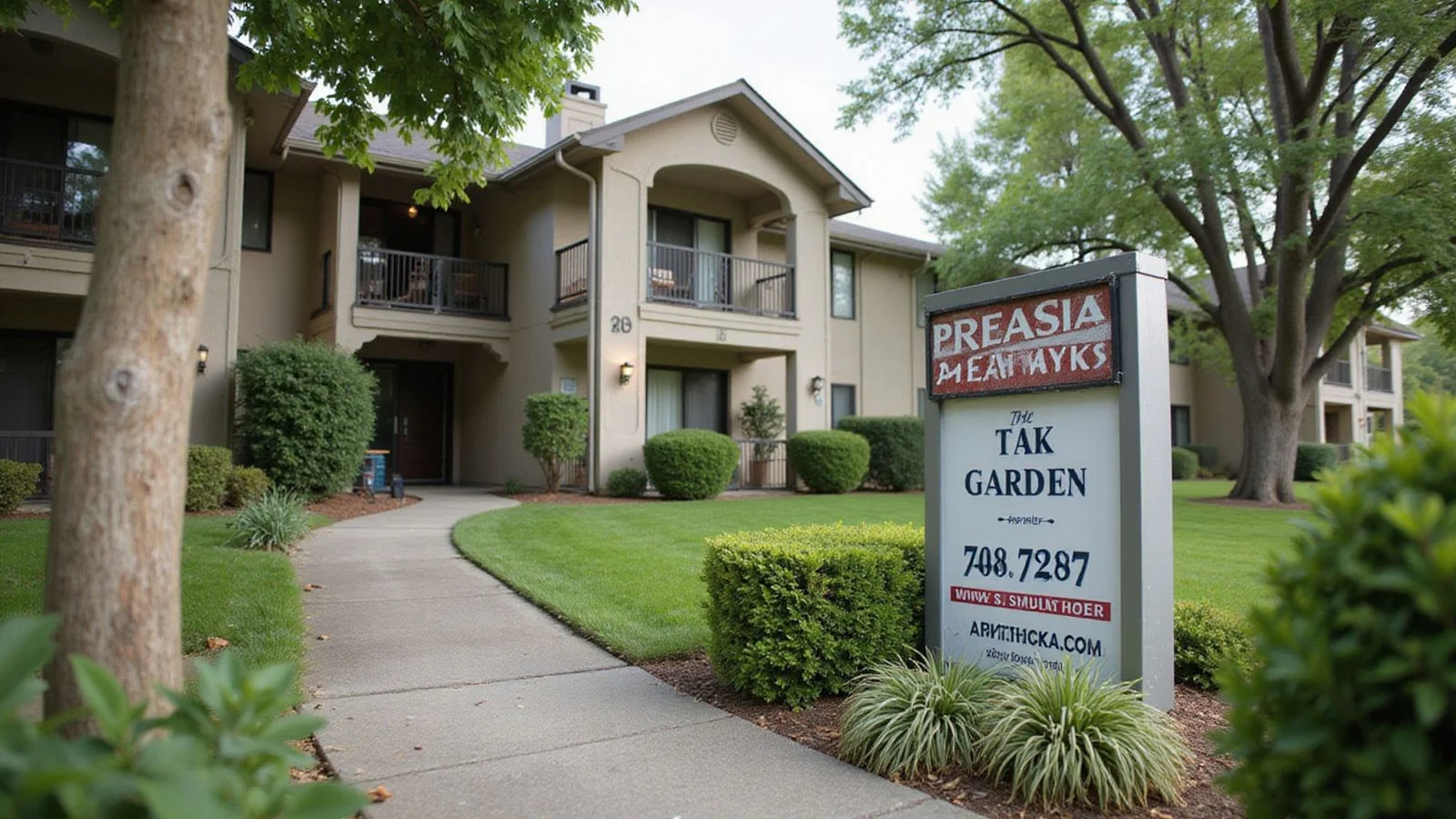 Garden-style apartment exterior with a leasing sign, hard Texas sun