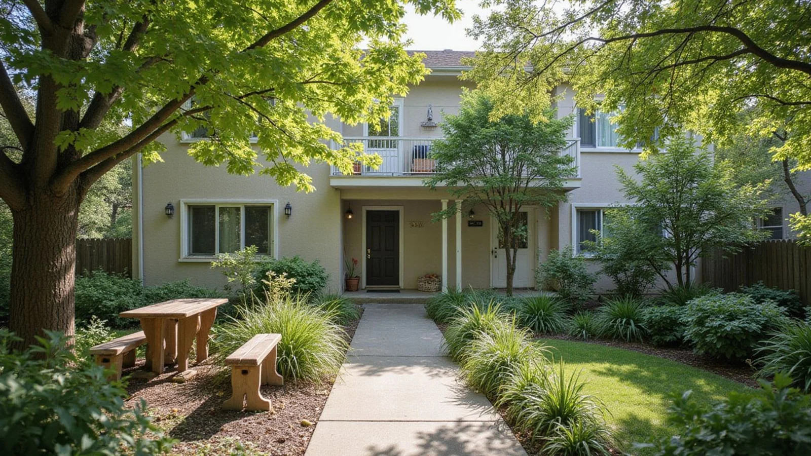Garden-style apartment exterior with mature trees, hard Texas sun