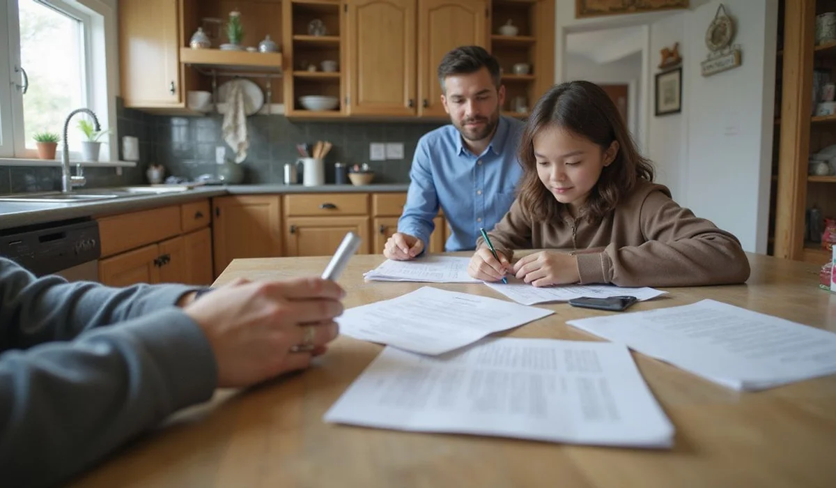 Gathering documents at a kitchen table, everyday setting