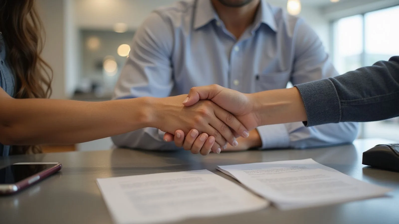 Handshake at a leasing desk after signing, candid natural light
