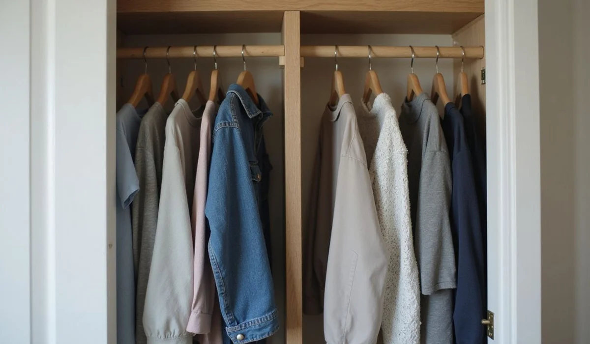 Hanging clothes in an empty closet of a new apartment