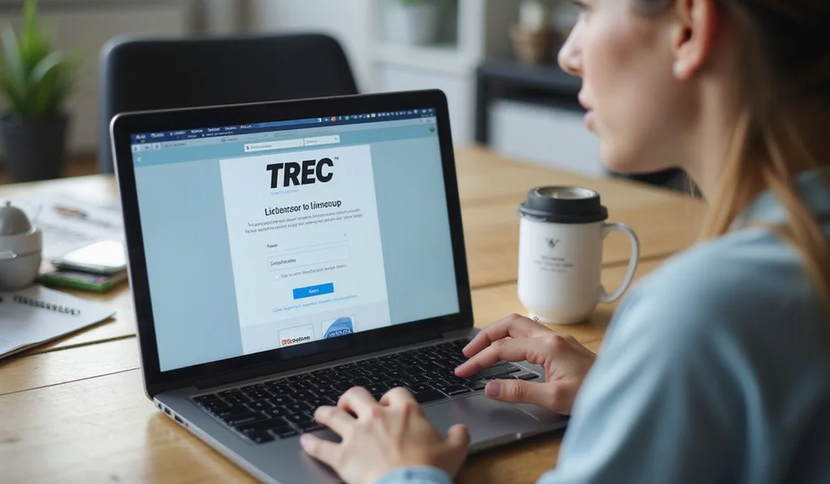 Laptop showing the TREC license lookup page, everyday desk