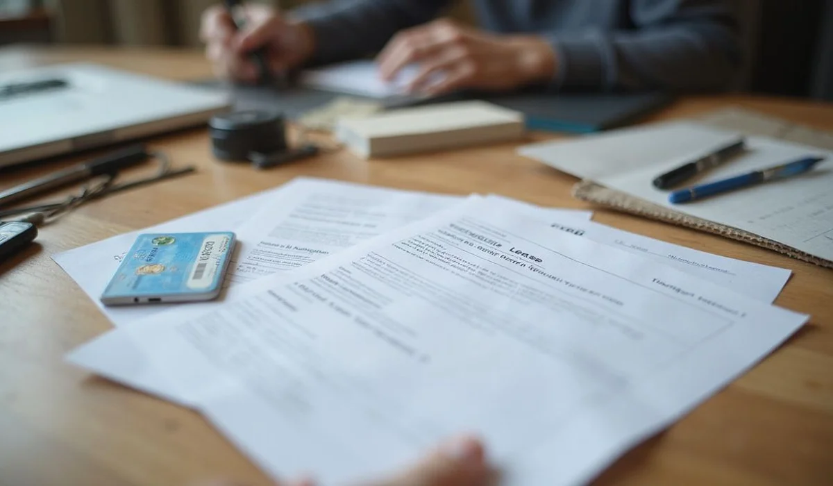Lease paperwork and an ID on a table, everyday setting
