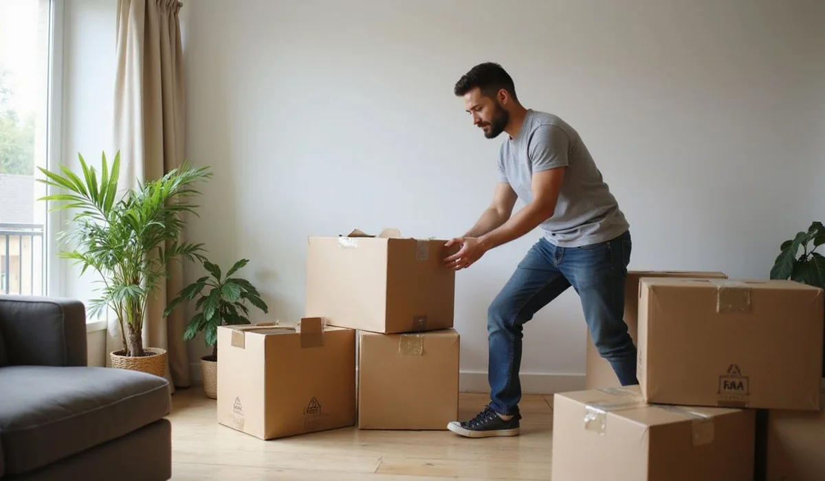Moving boxes in a new apartment living room, everyday setting