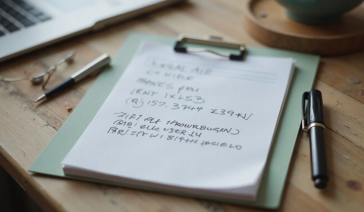 Notepad with legal aid phone numbers written down