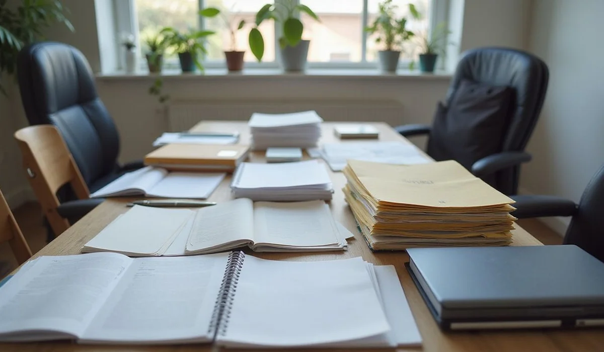 Organized document files on a table, everyday setting