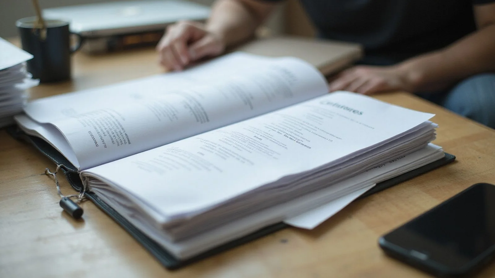 Organized documents in a folder on a table, candid daylight