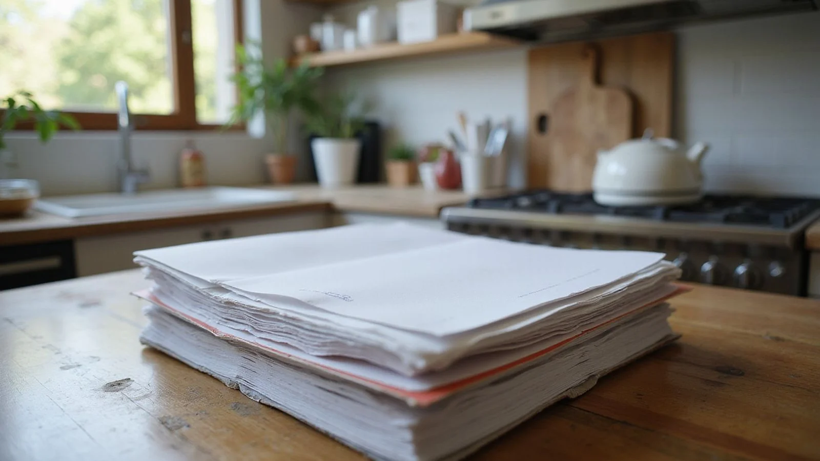 Organized folder of documents on a kitchen table, candid daylight