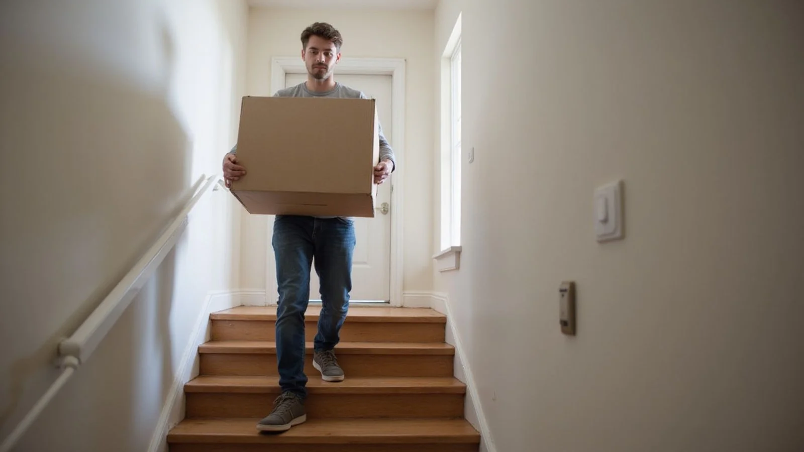 Person carrying a moving box up apartment stairs, hard Texas sun