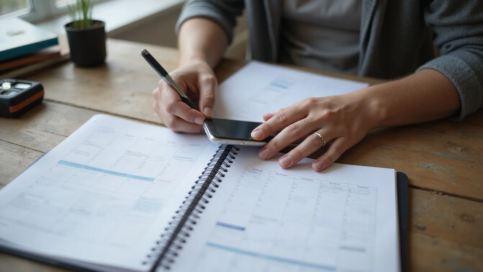 Person checking a deadline on a calendar with paperwork, candid