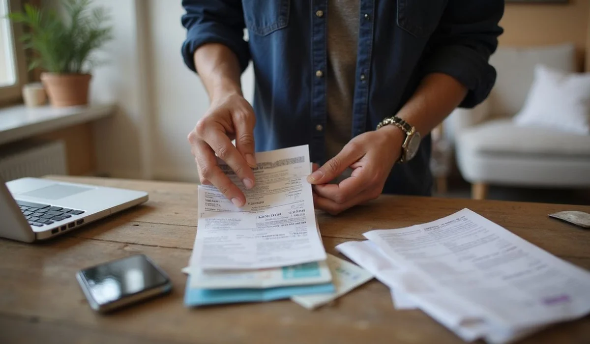 Person collecting pay stubs and IDs at home, everyday setting