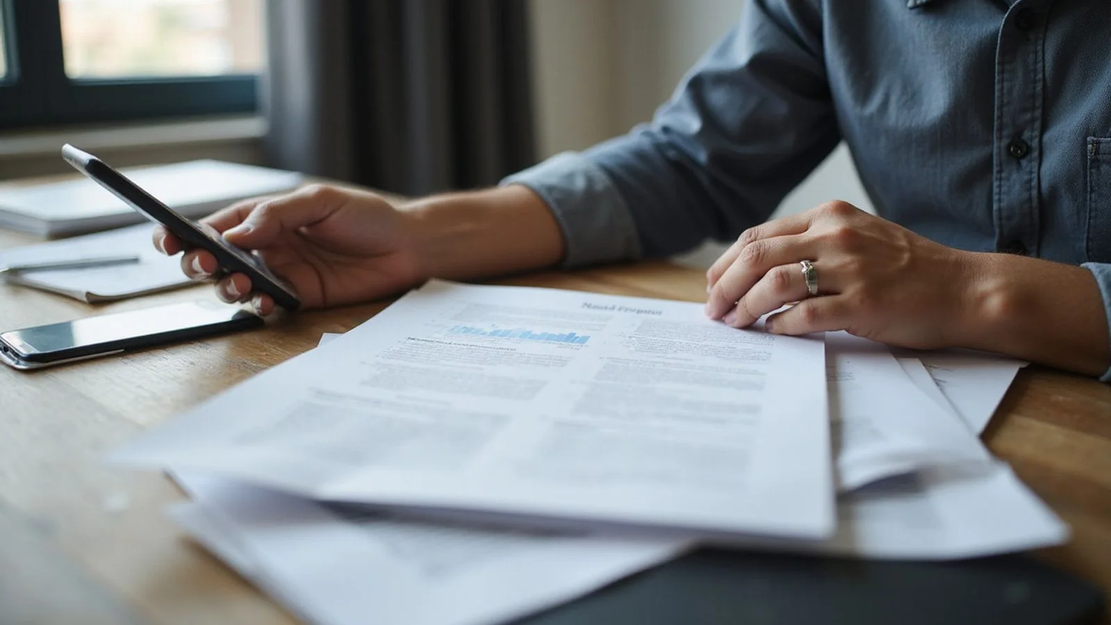Person comparing two documents at a desk, candid natural light
