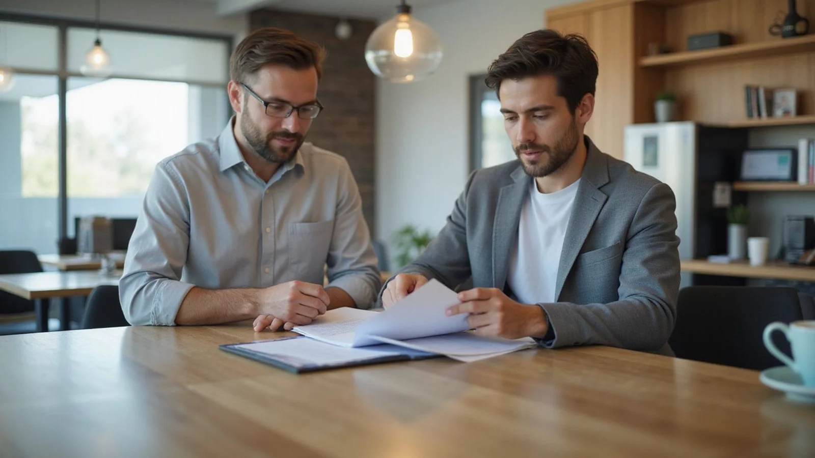 Person comparing two documents at a leasing desk, candid light