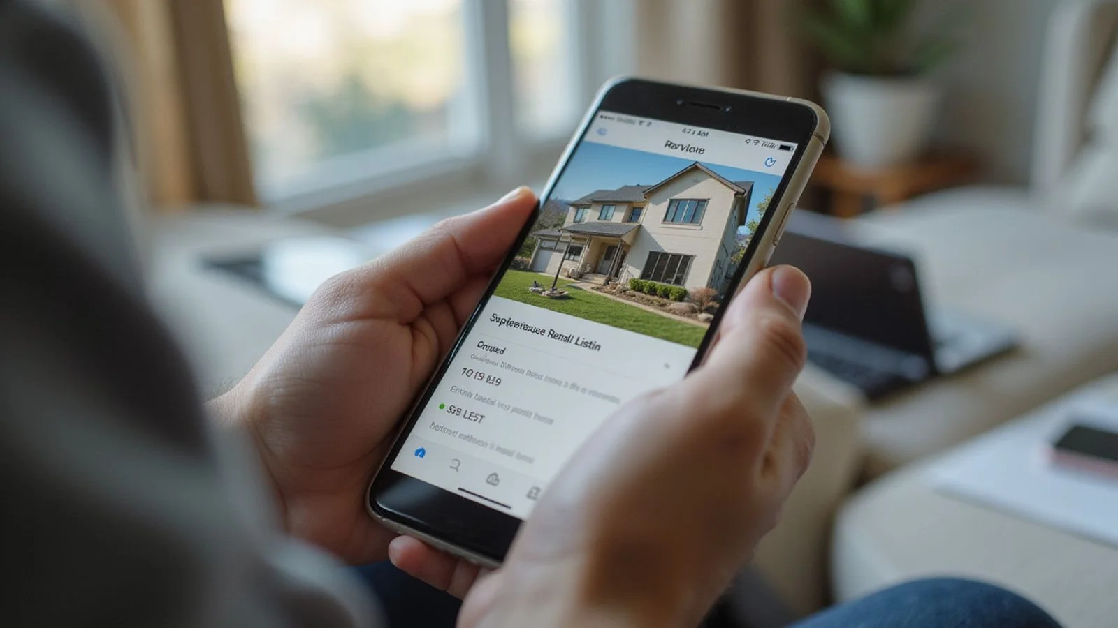 Person examining a suspicious rental listing on a phone, concerned, candid