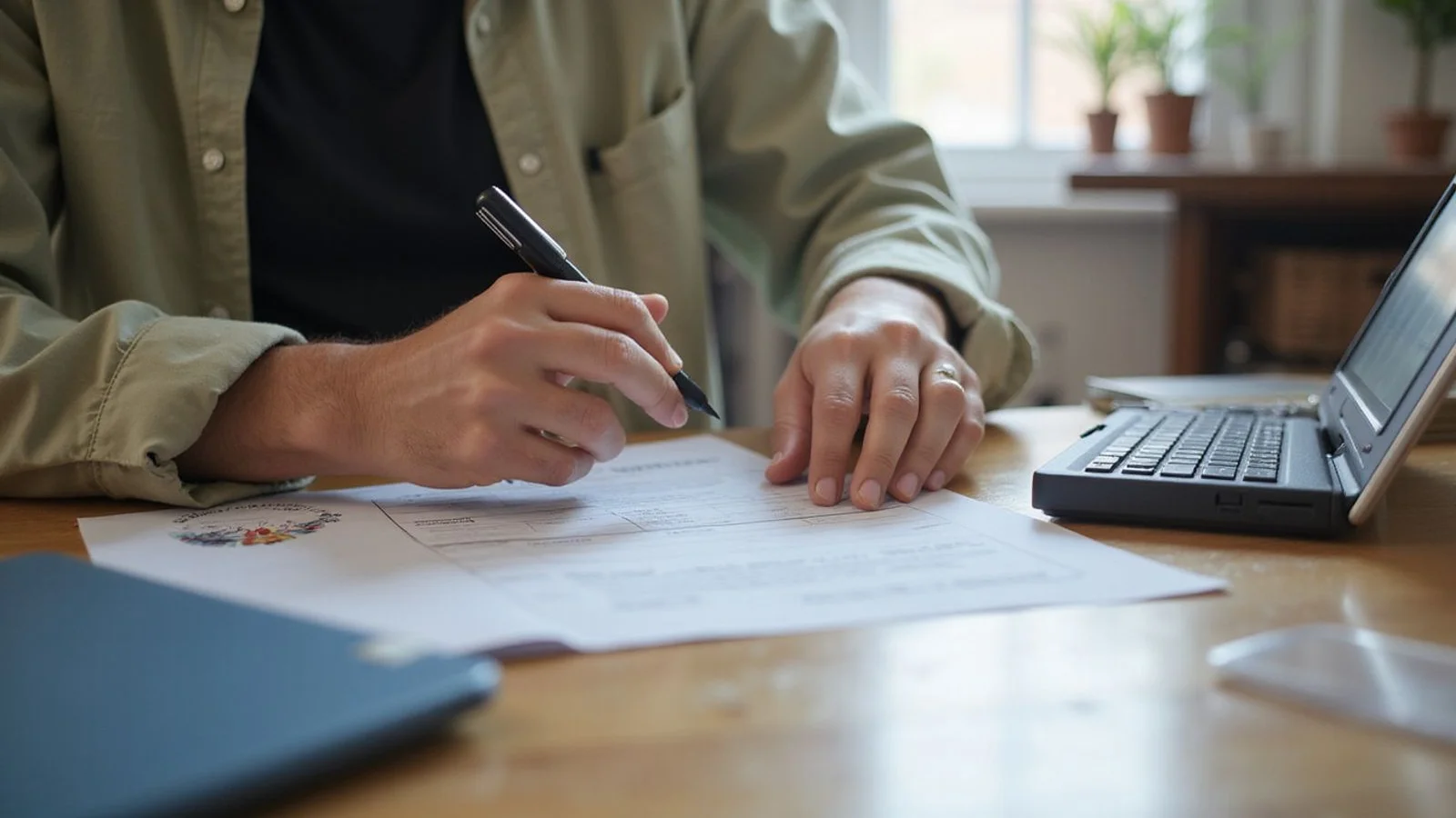 Person filling a rental application at a desk, candid natural light