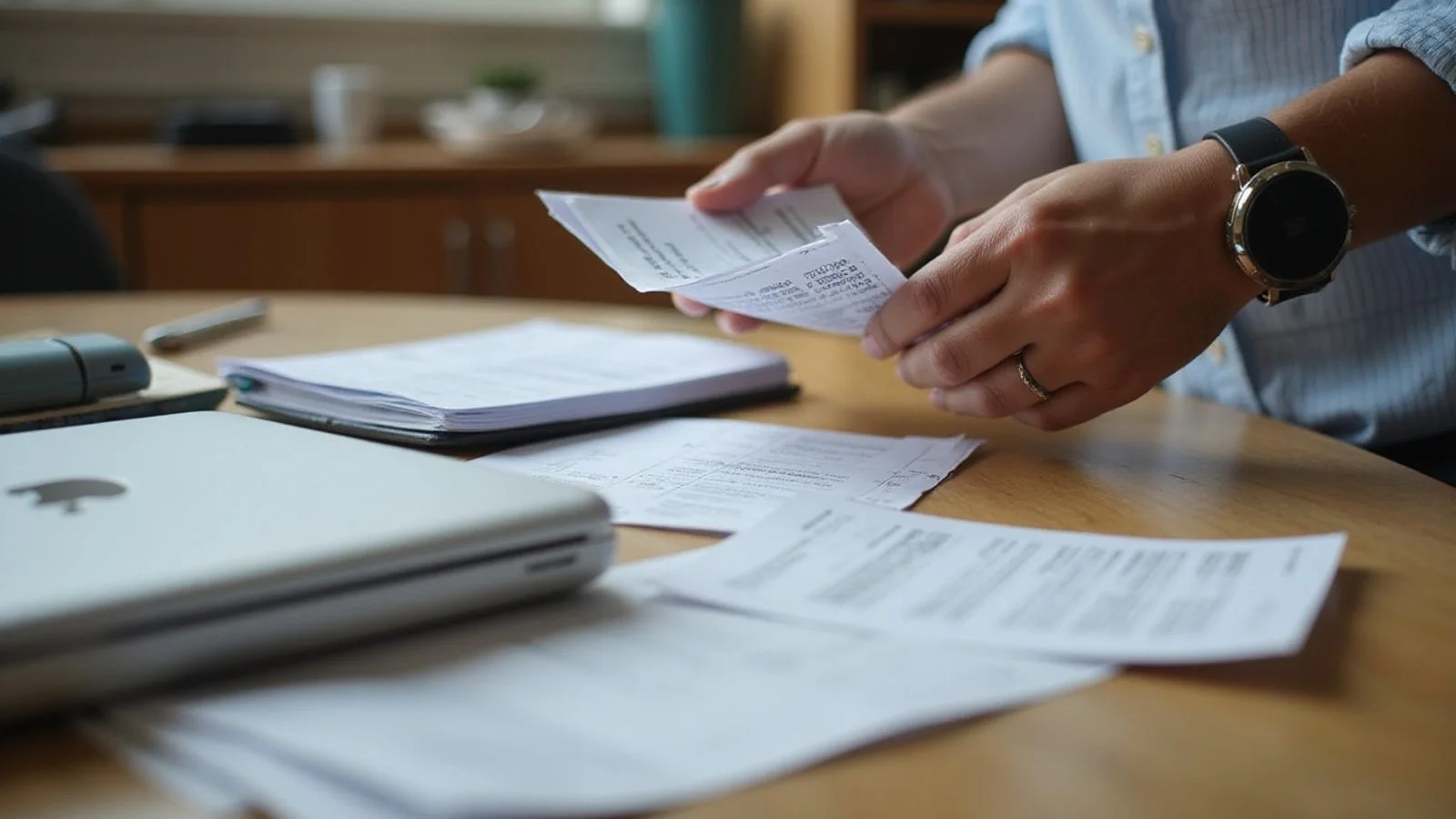 Person gathering pay stubs and employment letters at a table, candid