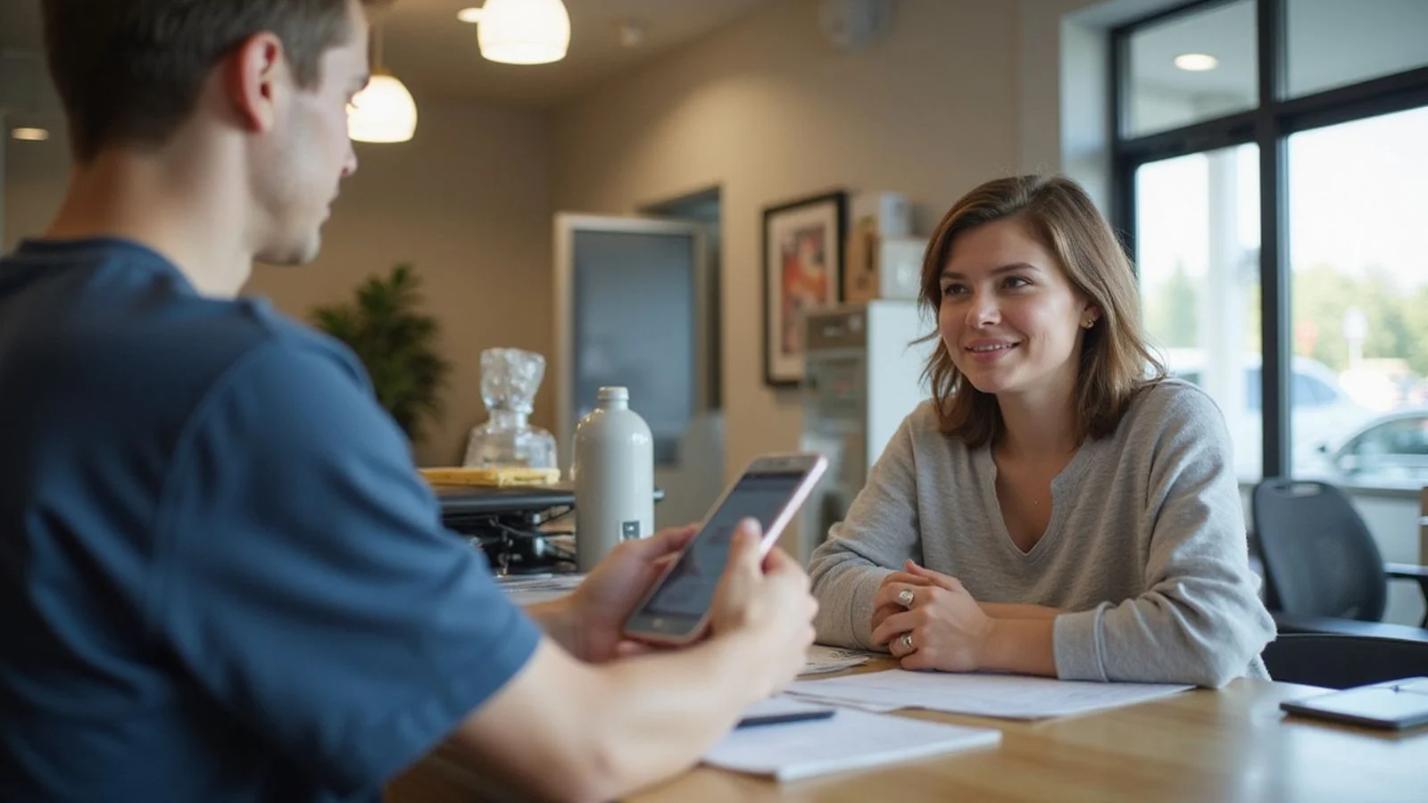 Person in a frank conversation at a leasing desk, candid light