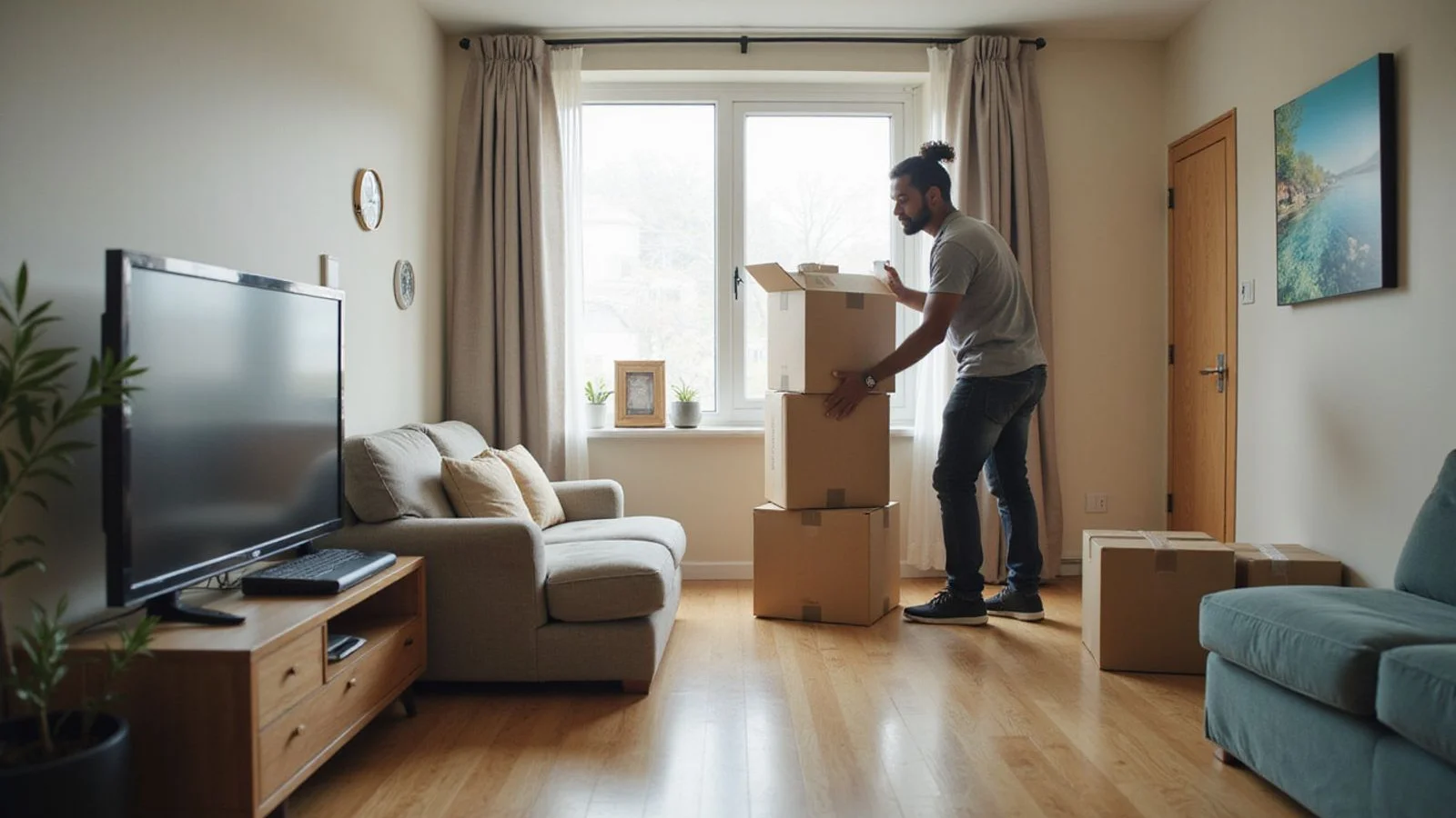 Person moving boxes into an apartment, hard Texas sun, candid