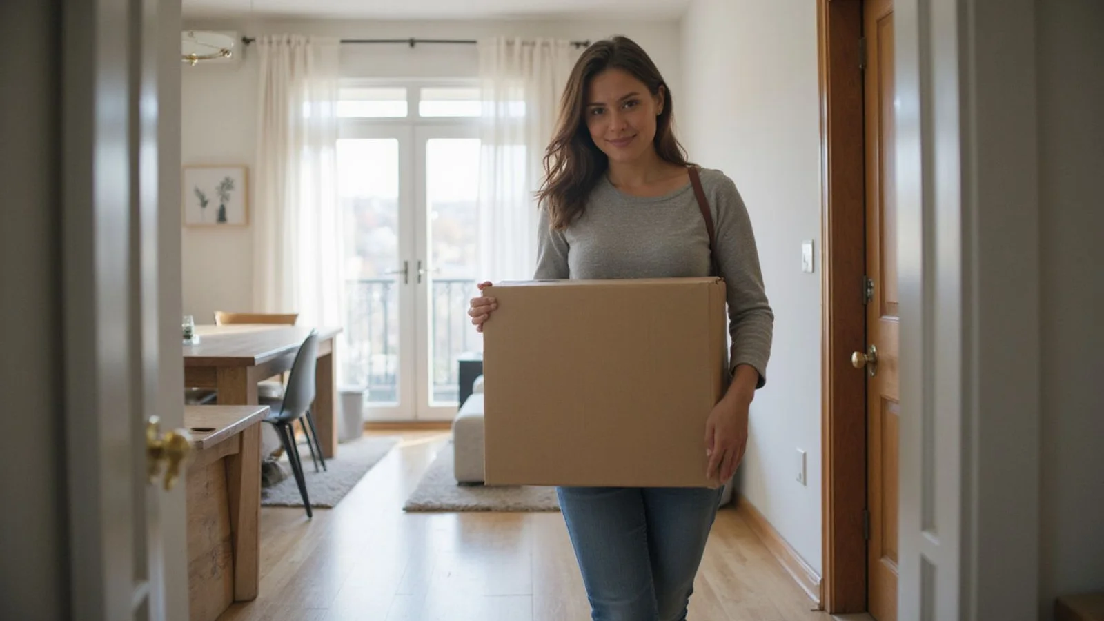 Person moving into an apartment carrying a box, hard Texas sun
