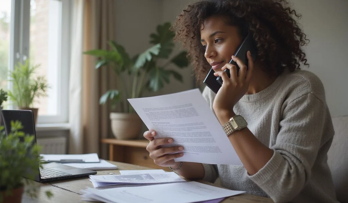 Person on the phone referencing a document at home