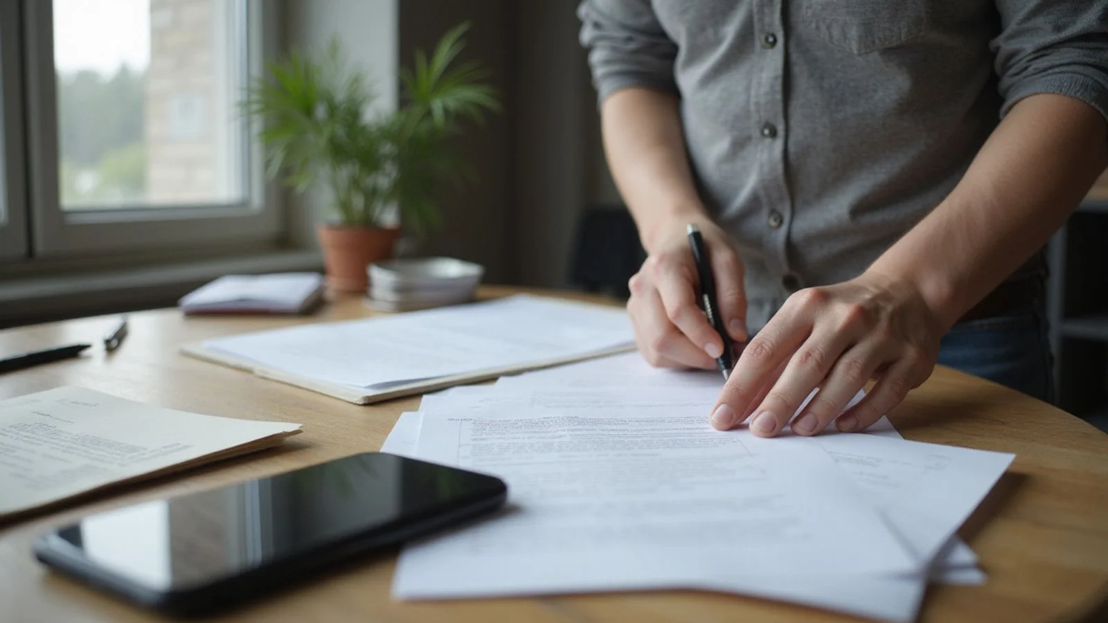 Person organizing approval documents at a desk, candid light