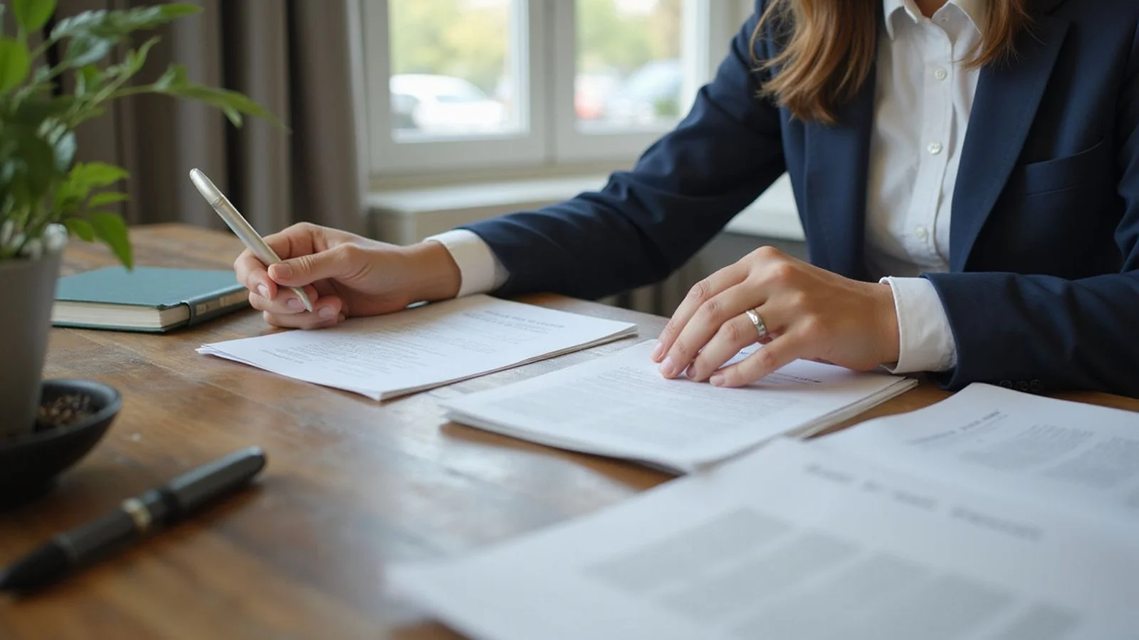 Person organizing legal paperwork at a table, candid natural light