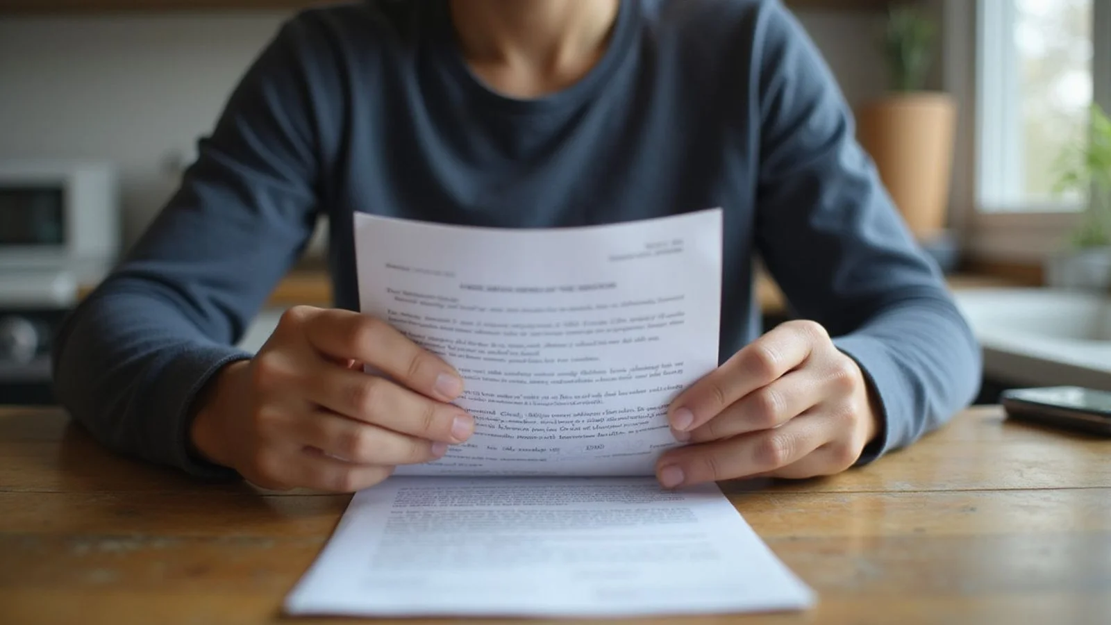 Person reading a denial letter at a kitchen table, candid natural light