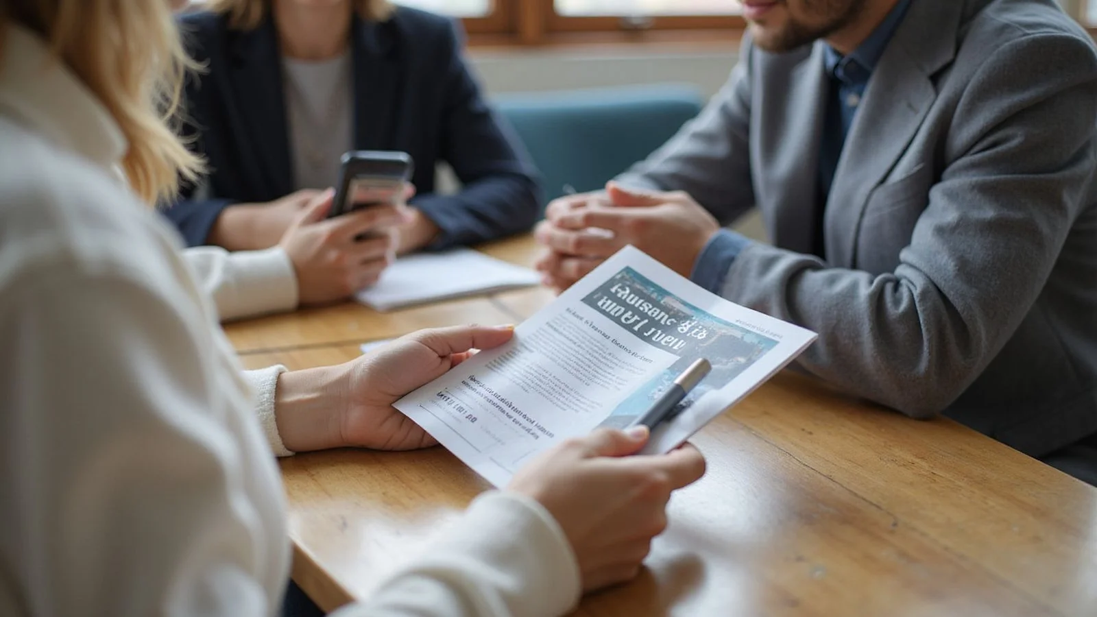 Person reading a housing rights pamphlet at a community table, candid