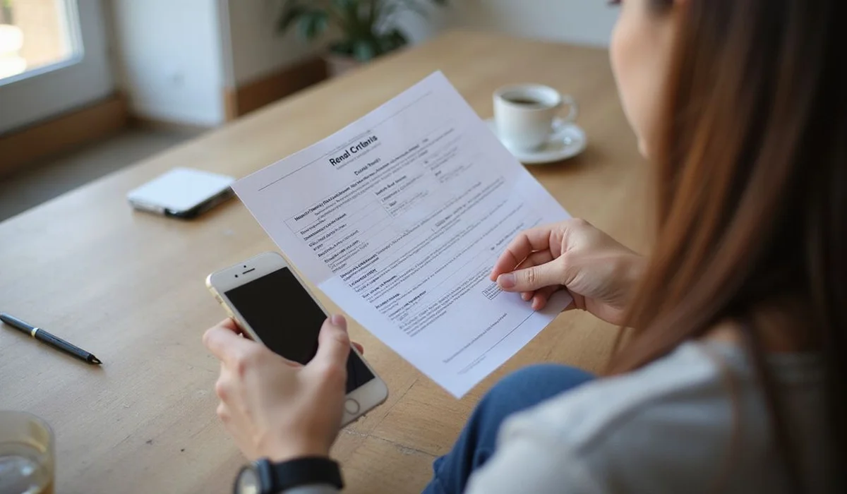 Person reading a rental criteria sheet, everyday setting