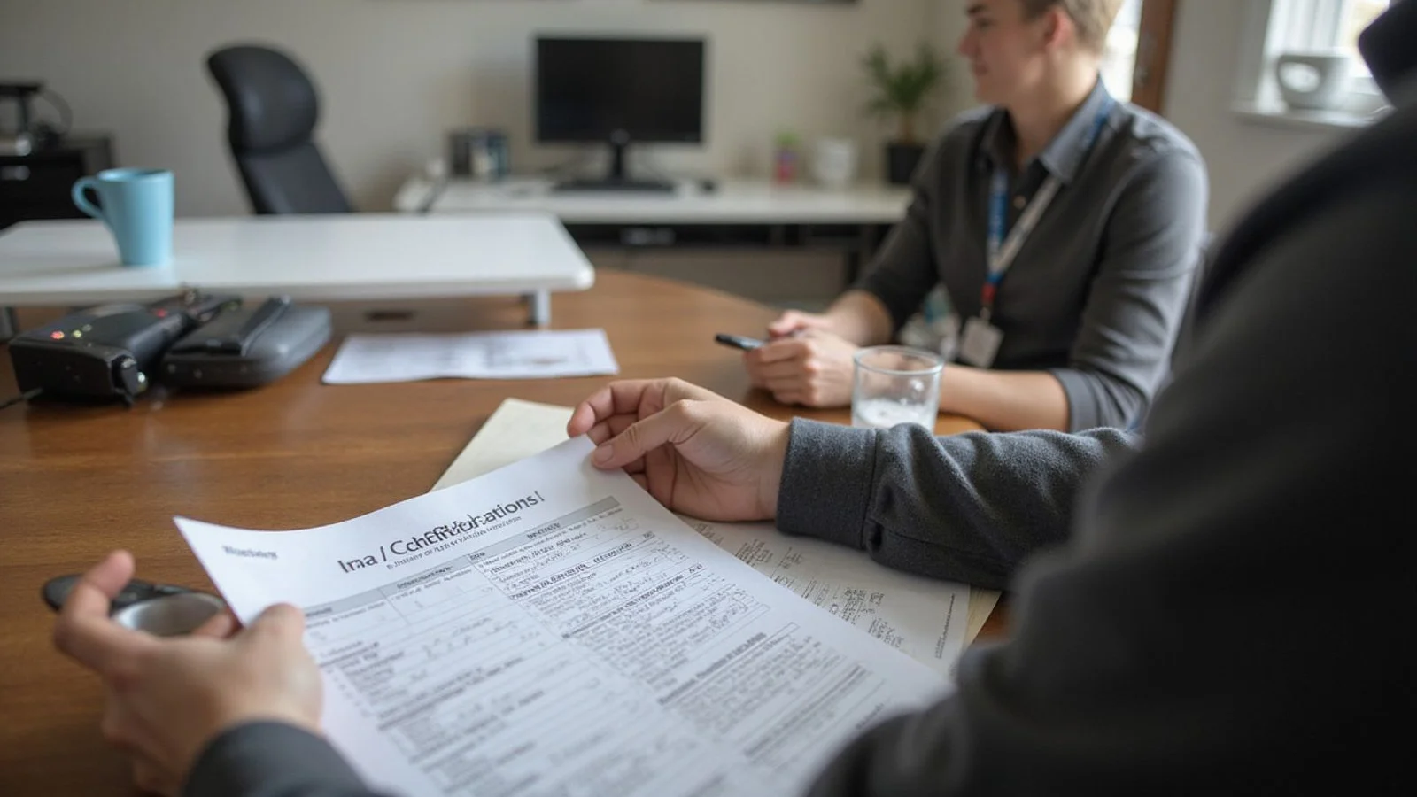 Person reading DWI record paperwork at a table, candid natural light