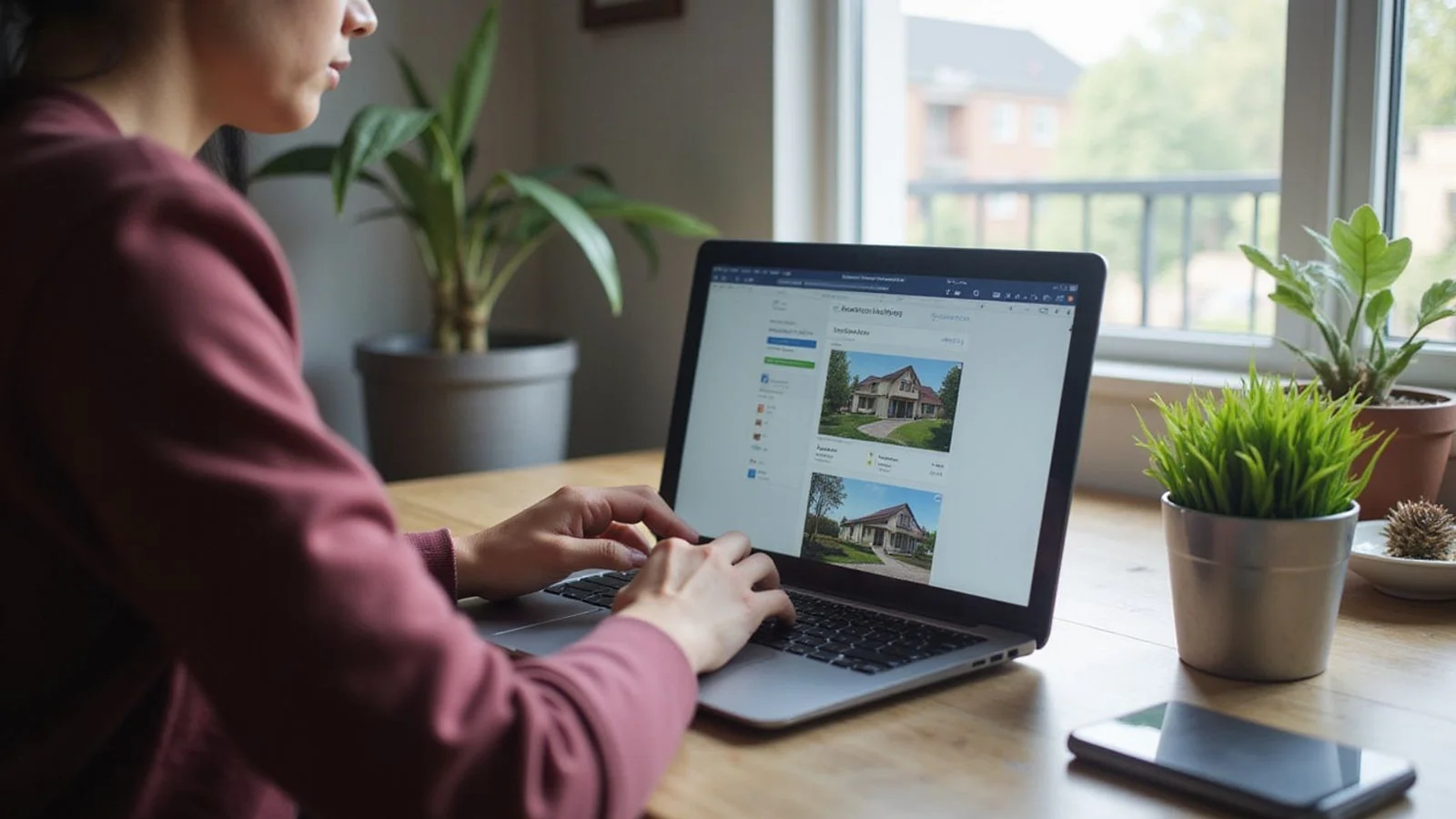 Person researching housing options on a laptop, candid light