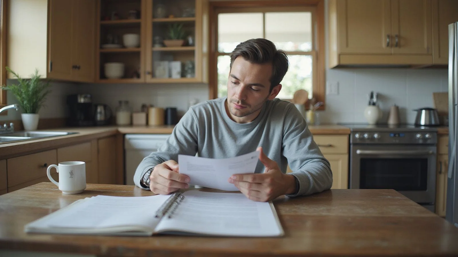 Person reviewing a background report at a kitchen table, candid