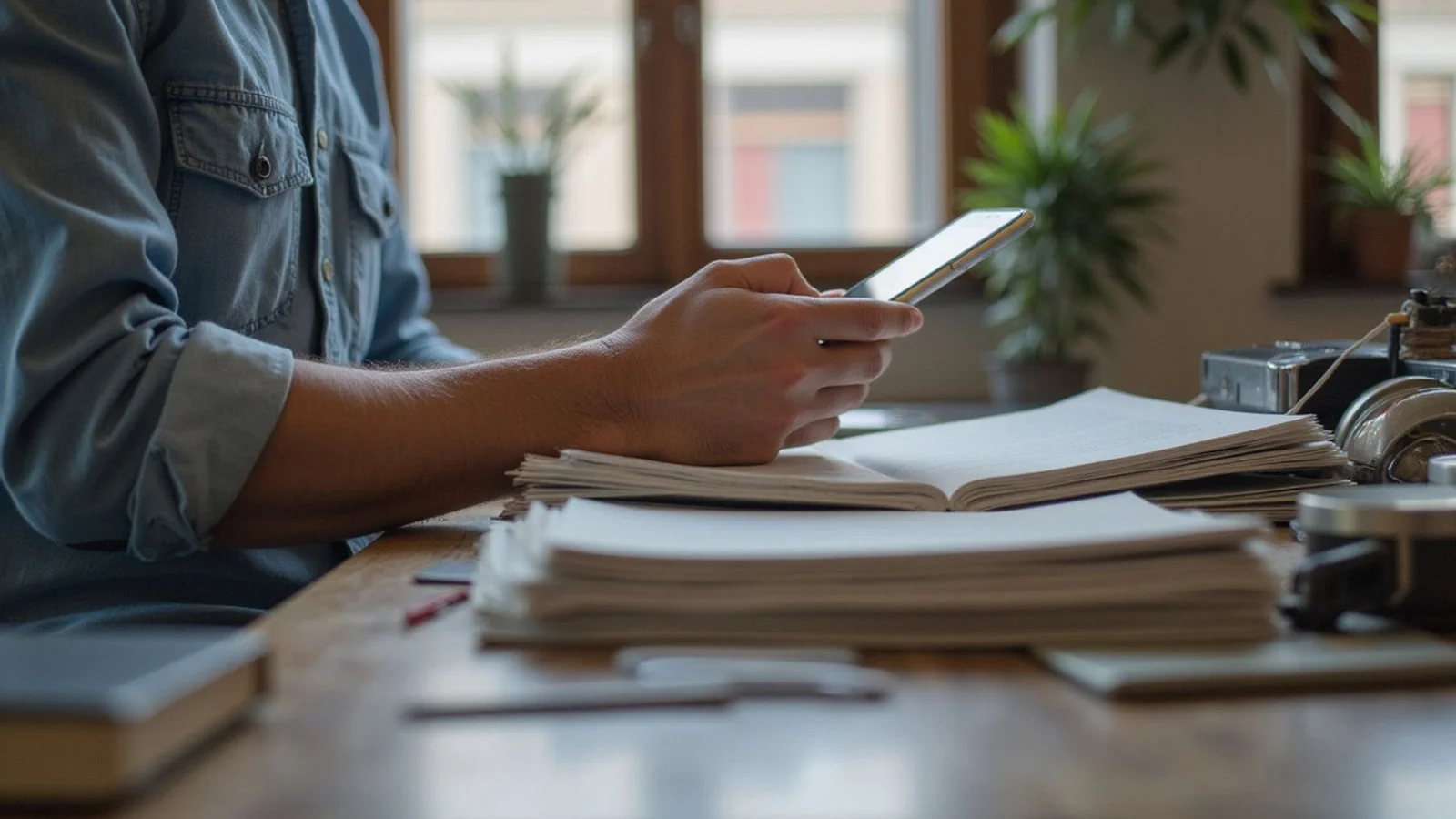 Person reviewing a stack of records at a desk, candid light