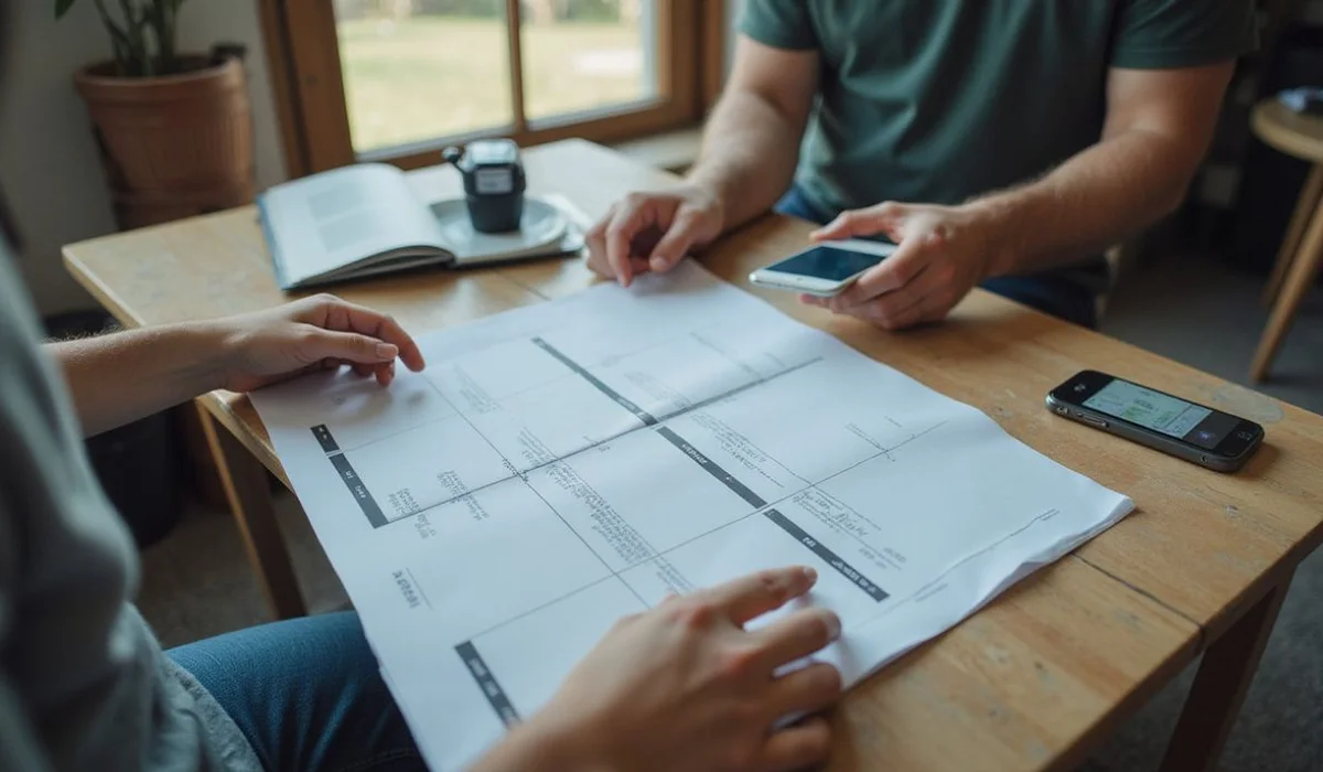 Person reviewing a timeline on paper, everyday setting