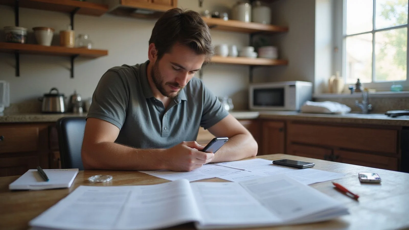 Person reviewing case paperwork at a kitchen table, candid daylight