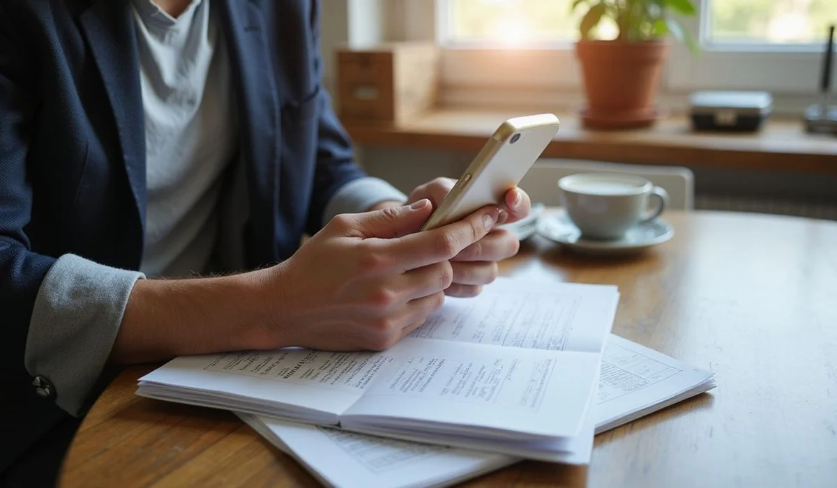Person reviewing dates on documents at a table, everyday setting