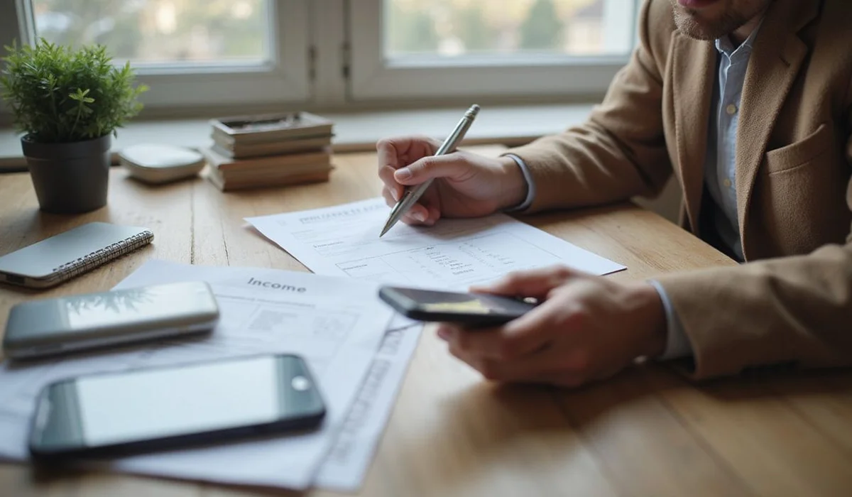Person reviewing lease and income documents