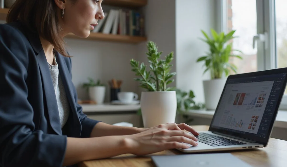 Person reviewing records on a laptop, everyday setting