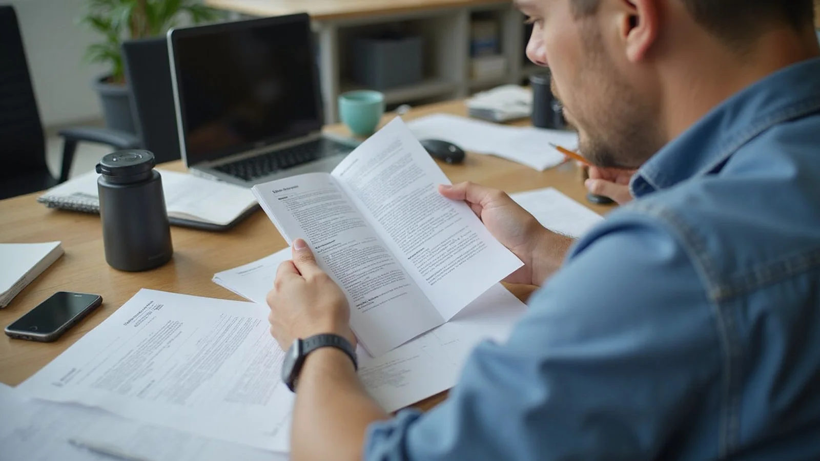 Person reviewing sealed record documents at a desk, candid light