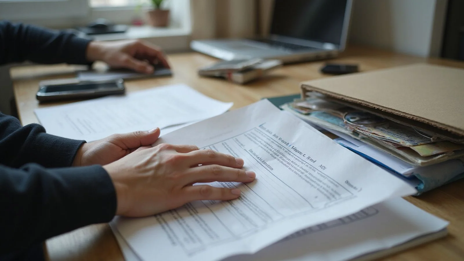 Person reviewing sealed record paperwork at a desk, candid light
